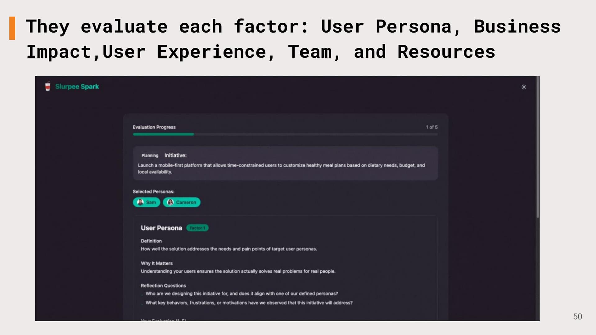 Evaluation progress screen showing factor 1 of 5 with definition, why it matters, and reflection questions