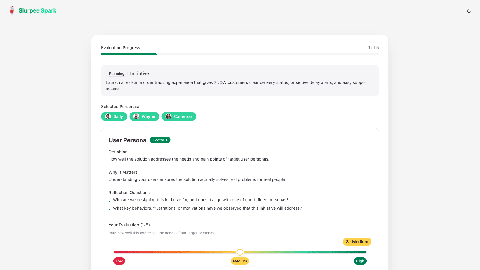 Evaluation progress screen showing factor 1 of 5 with definition, why it matters, and reflection questions