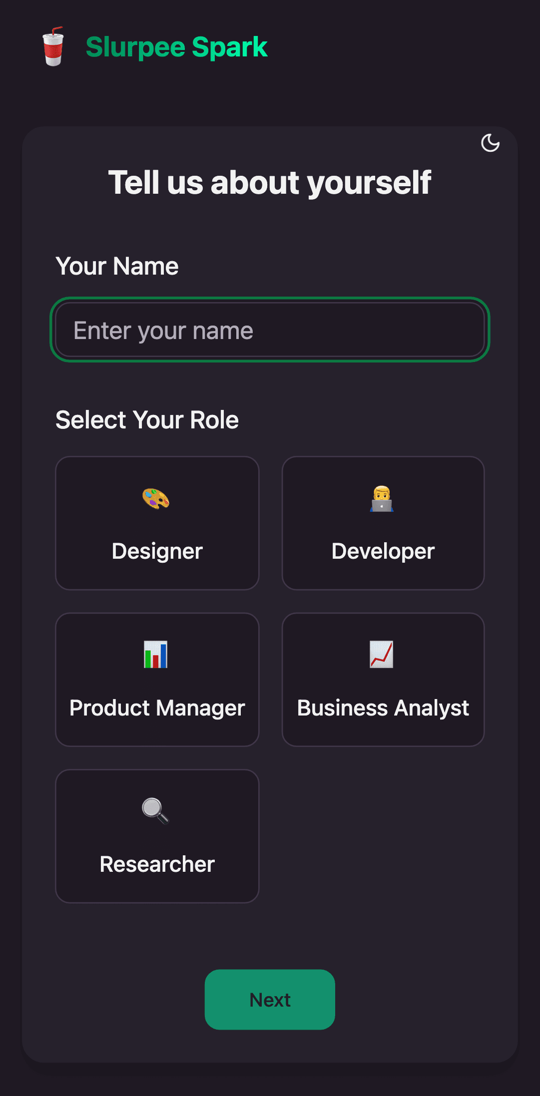 Onboarding screen where participants enter their name and select their role