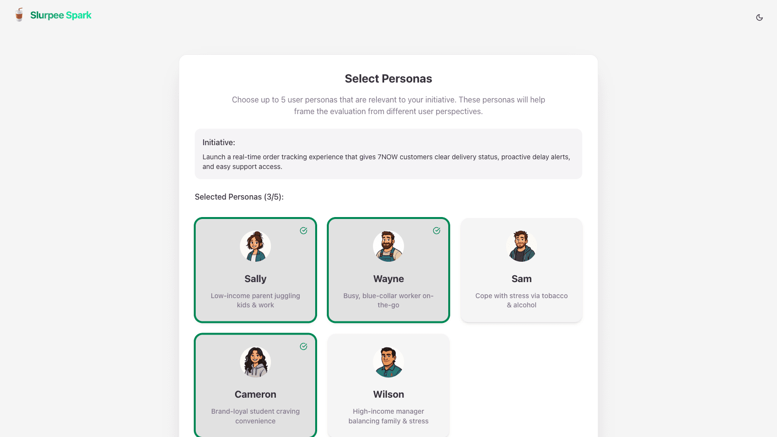 Slurpee Spark persona selection screen with Sally, Wayne and Cameron selected for an order-tracking initiative