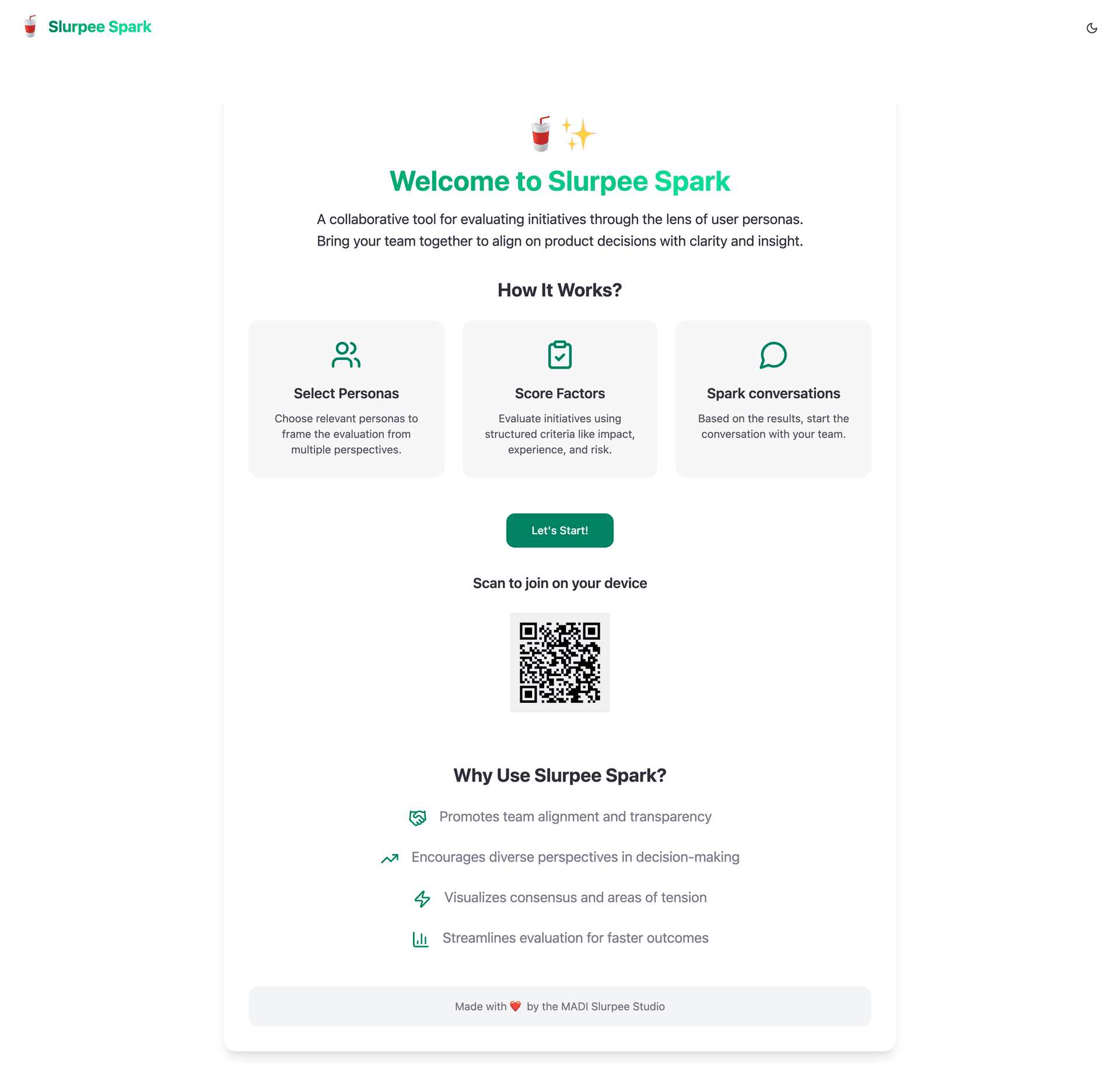 Slurpee Spark welcome screen showing the three-step flow: select personas, score factors, spark conversations