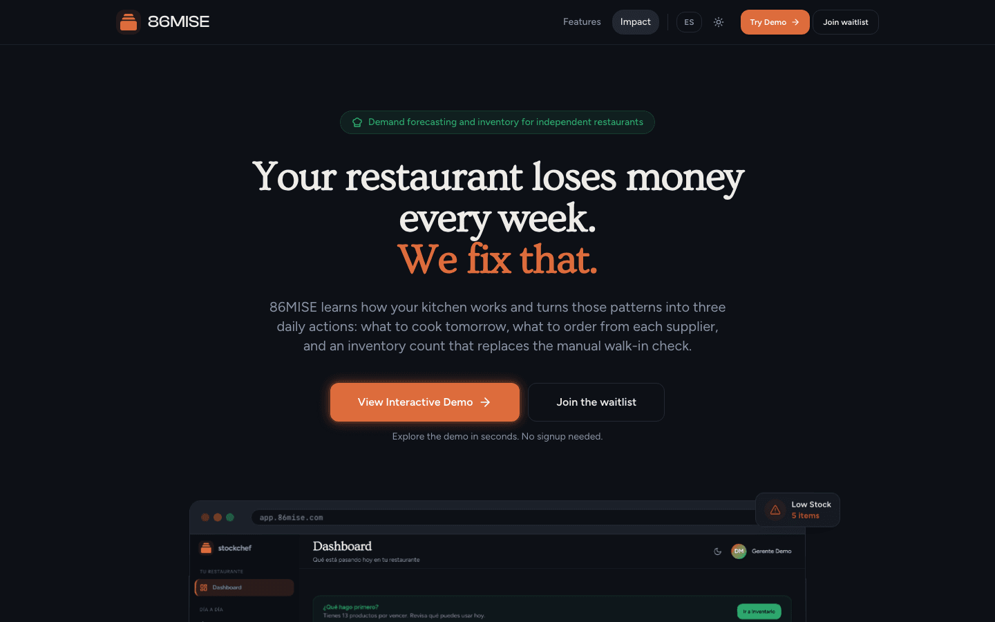 86MISE landing page — Your restaurant loses money every week. We fix that.